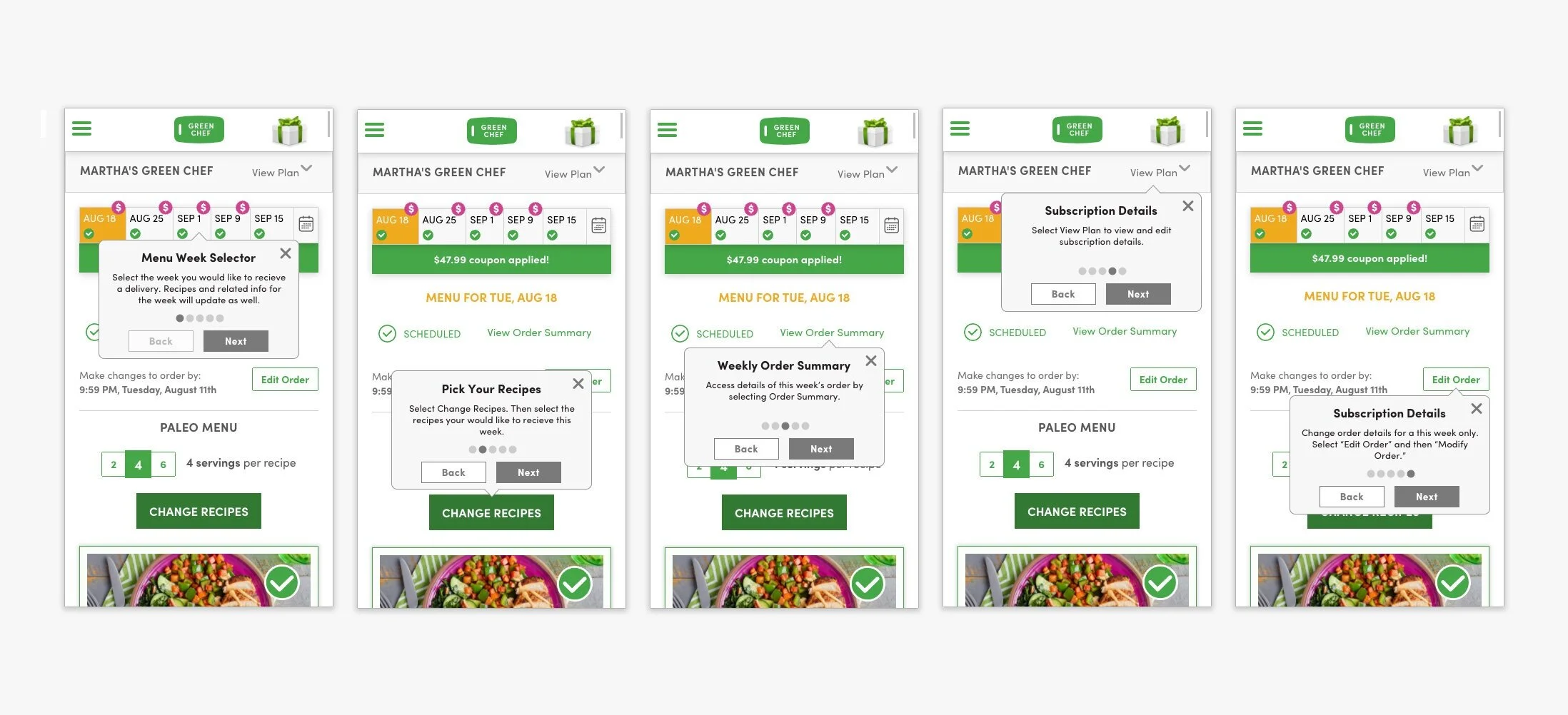 Coach marks first iteration: five tooltip overlays on the Green Chef account page