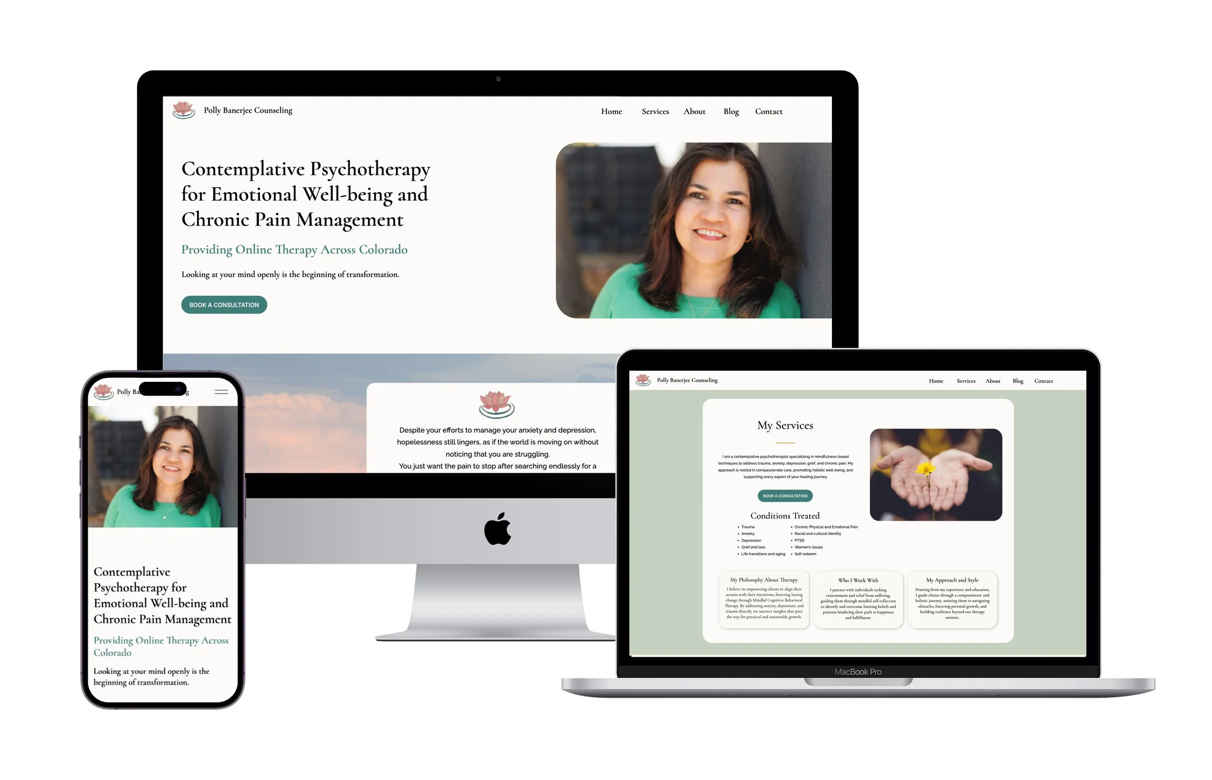 Polly Banerjee Counseling final homepage design on iMac