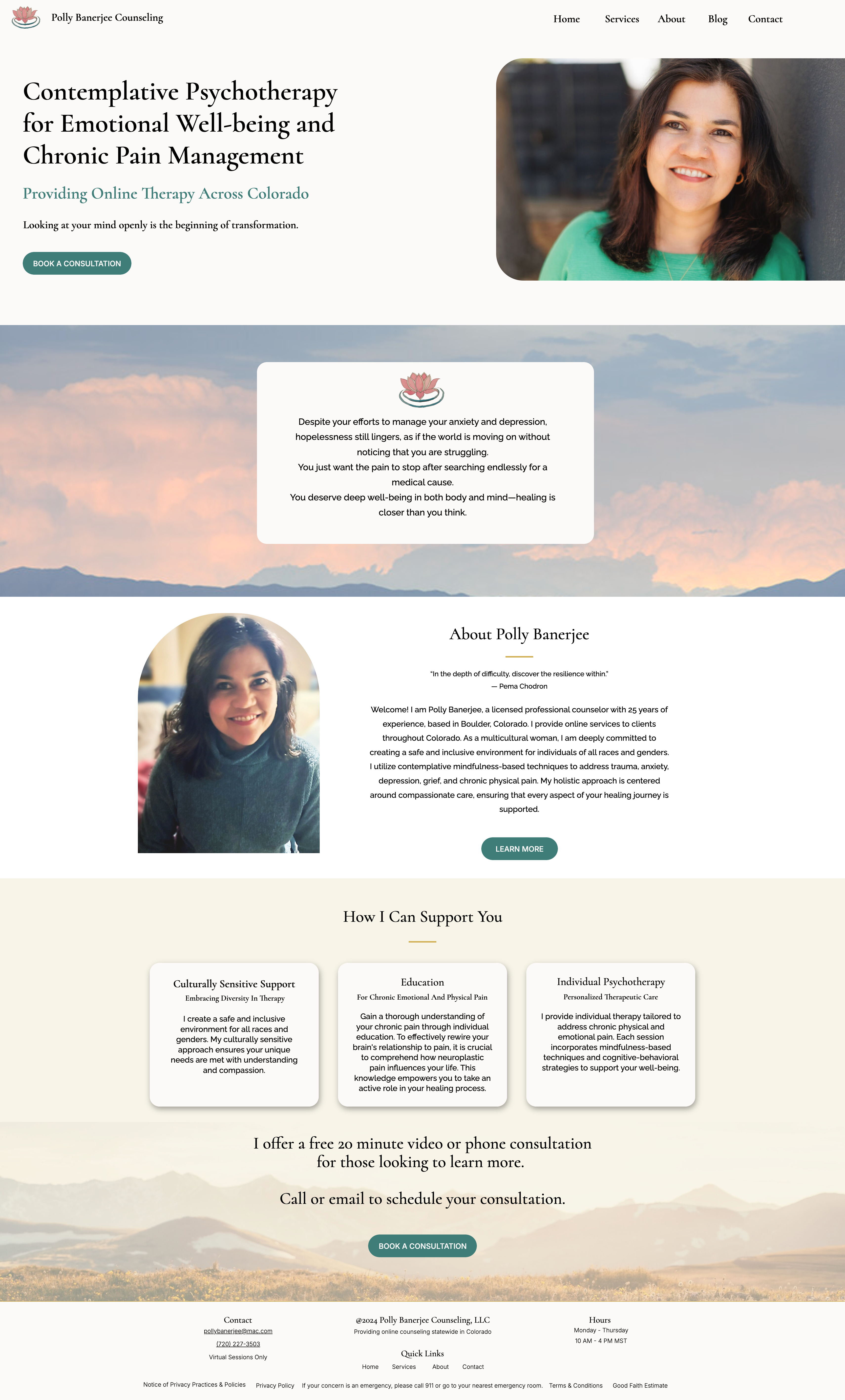 Polly Banerjee Counseling homepage full-page scroll