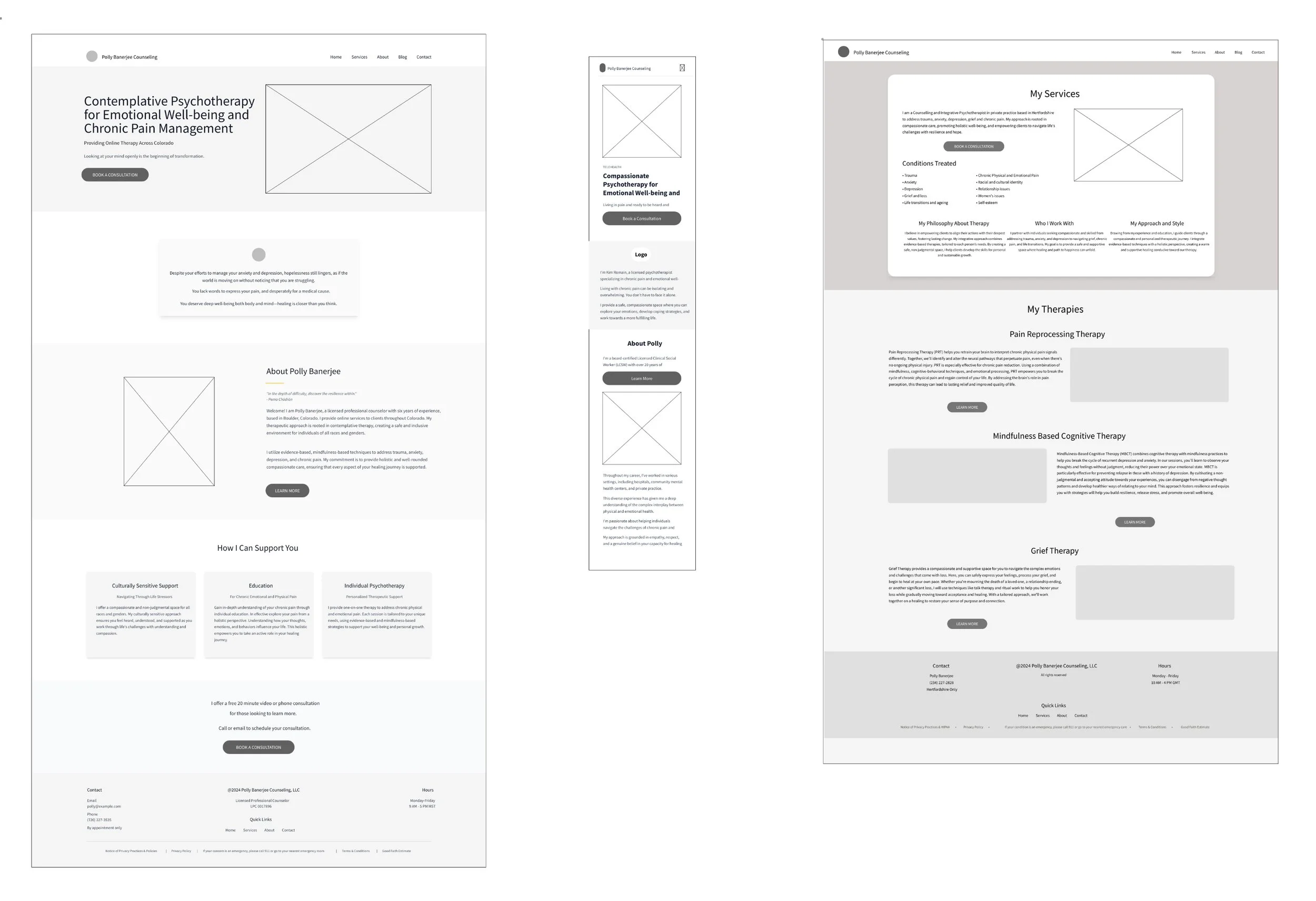 Polly Banerjee Counseling wireframes: homepage, mobile, and services page layouts